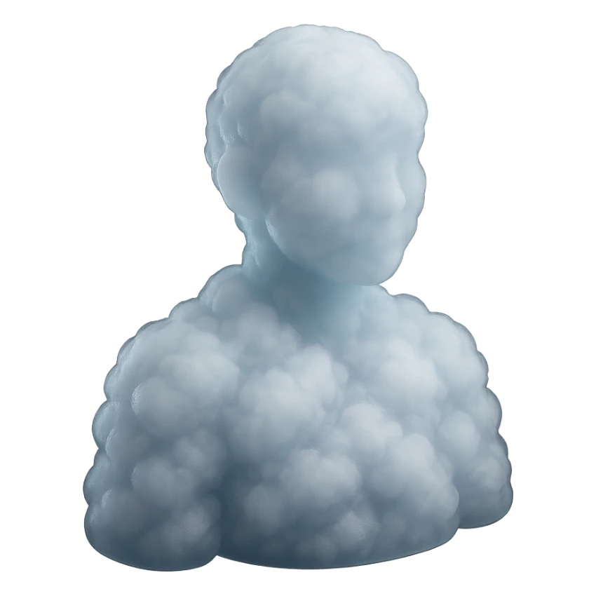 A person from the shoulders up, entirely composed of fluffy white clouds. sticker