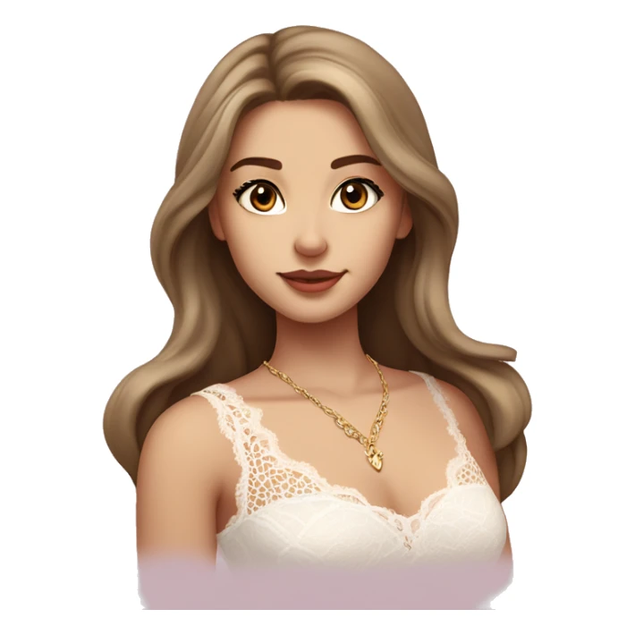 fair-skinned girl with dark brown, slim shaped eyes and long lashes. long, light brown hair styled in a wavy blowout. wearing a delicate white lace tank top and a dainty gold necklace, plump light pink lips. sticker