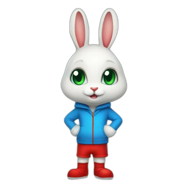 Blue humanoid rabbit with red shorts and white gloves with green eyes and monkey tail, full body sticker