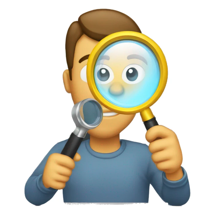 man holding a magnifying glass to read a computer monitor sticker