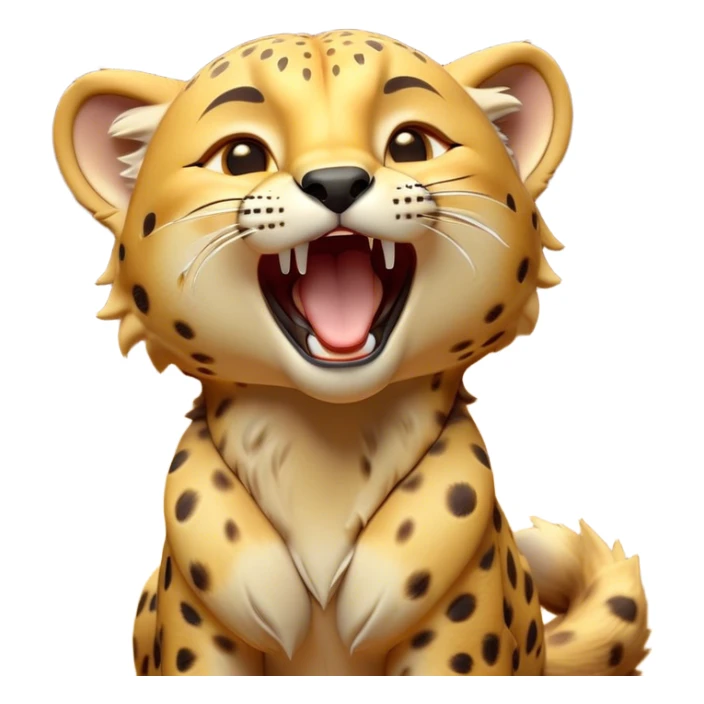 Cinematic Cute Yawning Cheetah Portrait Emoji, Head tilted slightly with a dramatic, wide-open yawn, showcasing a soft, sleek golden Fur with distinctive spots and floppy ears slightly drooping, round amber eyes barely open in drowsy contentment, Simplified yet irresistibly adorable features, highly detailed, glowing with a soft, cozy glow, high shine, relaxed yet expressive, stylized with a touch of savannah whimsy, bright and endearing, soft glowing outline, capturing the essence of a sleepy yet affectionate cheetah, so drowsy it feels like it could stretch right out of the screen and curl up for a nap! sticker