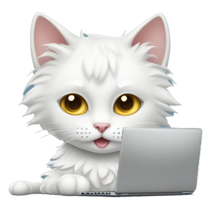 White curly cat sits next to laptop. She looks like working, but her face expression is puzzled, as she doesn’t understand what she has to do  sticker