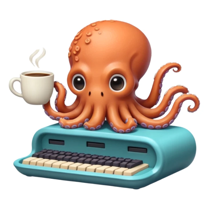 A cute chibi octopus sitting at a tiny desk, typing on a miniature keyboard with all eight arms while sipping coffee from a giant mug. Vibrant pastel colors, rounded edges, extremely expressive, sticker-style, transparent background. sticker