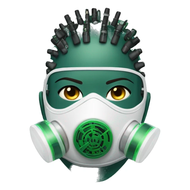Dark green Mohawk female cyborg head with white respirator mask and circuits sticker