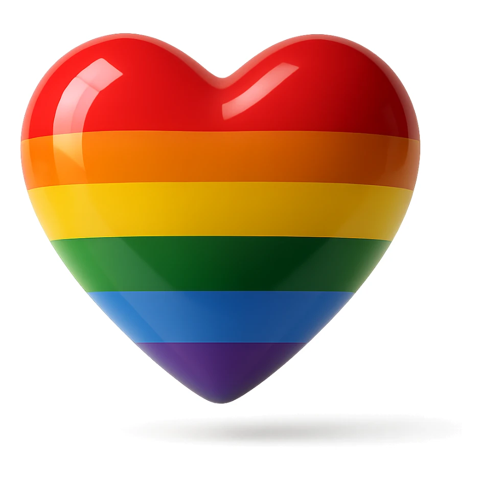 Make the realistic glossy pride heart appear 3D and floating with a subtle shadow below in a photorealistic style, no background. sticker