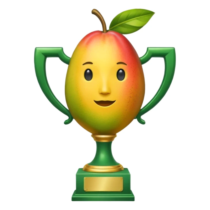 apple style emoji, trophy with a mango body, leaf on top, traditional trophy arms, no face sticker