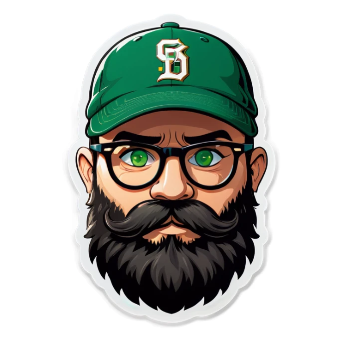 A bold man with a grey baseball cap, green eyes, big beard and glasses blows a kiss sticker