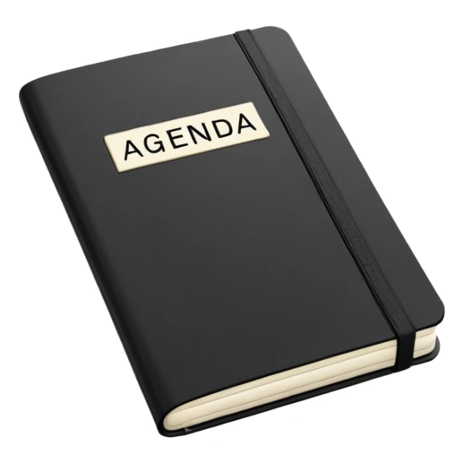 A professional-looking black Moleskine notebook opened flat showing a page with 'AGENDA' written at the top and a neat list of bullet points for meeting items sticker