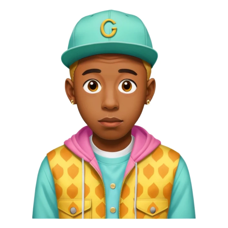 Tyler the Creator with his iconic look, wearing a colorful outfit sticker