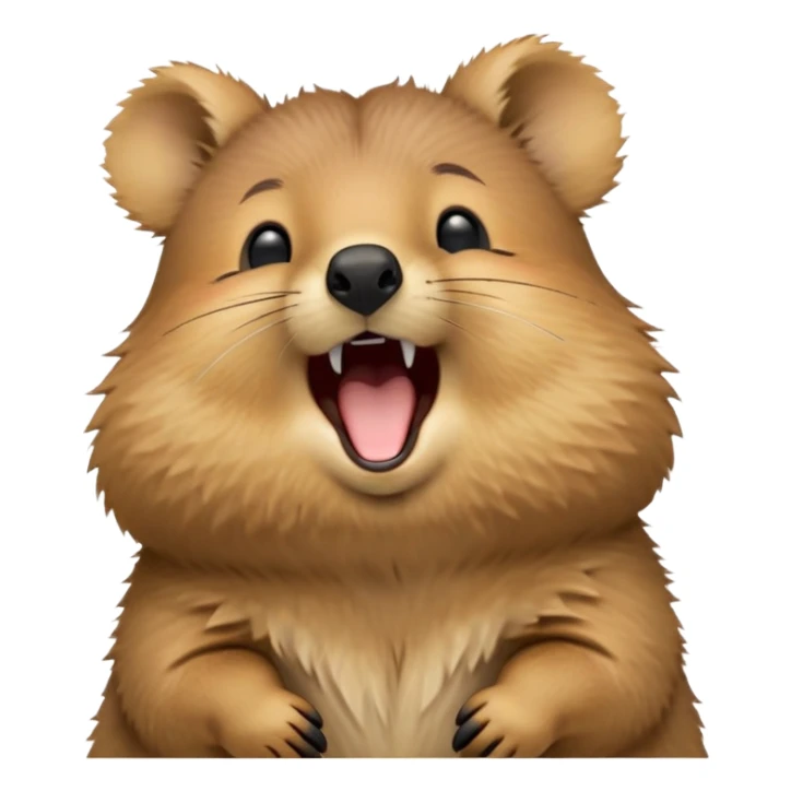cinematic-realistic  yawning quokka-emoji,-small-round-frame, head tilted in an endearing manner, wouth wide open yawning, sleepy comical smile, round cheeks, giant-fluffy-cheeks-large-smile-fluffy-brown-fur-radiating-a-warm-softness,-big-round-eyes-filled-with-joy, realistic round  fluffy zoomed in, large black eyes one paw raised in the air sticker