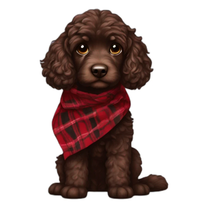 portrait Dark chocolate colored doodle with wavy fur wearing a red and black flannel handkerchief sticker