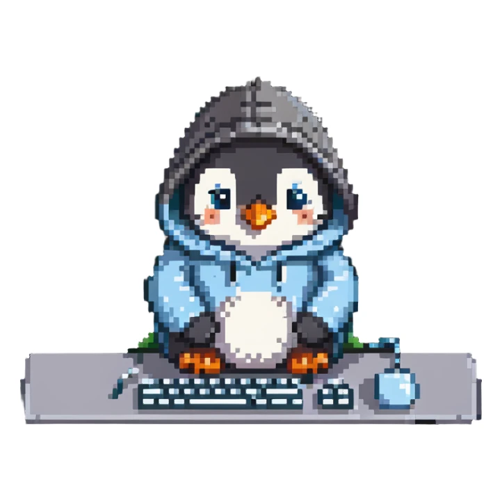 A cute penguin wearing a cozy hoodie typing on a computer keyboard sticker