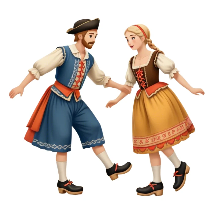 Cinematic Realistic scene of two performers executing the Klompendans, dressed in traditional Dutch costumes complete with wooden clogs and detailed folk patterns, captured in lively motion with soft, natural lighting sticker