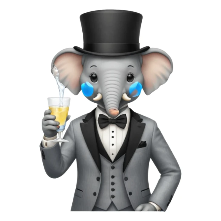 elephant wearing suit, bowtie and top hat, holding glass of water sticker