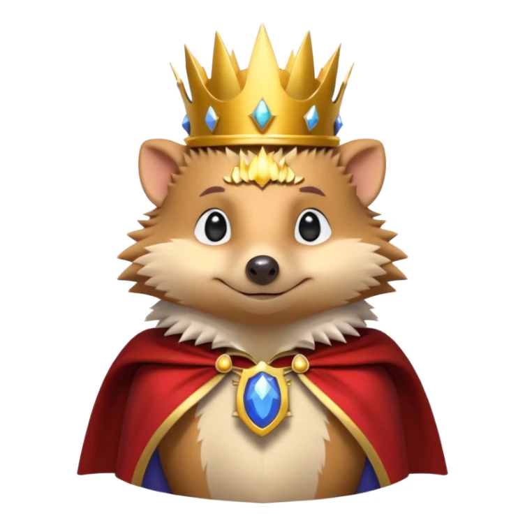 king hedgehog portrait, head and shoulders only, wearing a small golden crown, royal cape collar, proud confident expression, cute spiky fur details, fantasy royal vibe, 3D cartoon, mobile game icon style, clean background, no text, no watermark
 sticker
