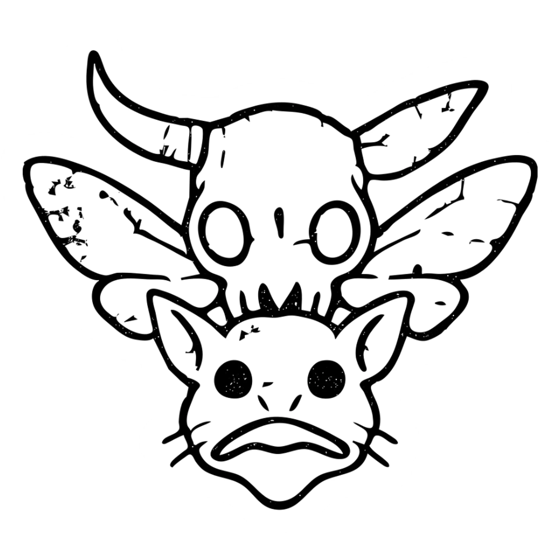 a terrifying minimal red line art of just a head (no body) combining minotaur skull with broken horn, stoat features, frog mouth, with moth wings sprouting directly from the skull, transparent hollow center, distressed appearance with deliberately missing sections, worn texture, sparse red lines only sticker