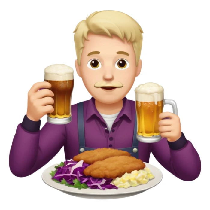 German man eating schnitzel, potato salad, red cabbage, sauerkraut, and beer sticker