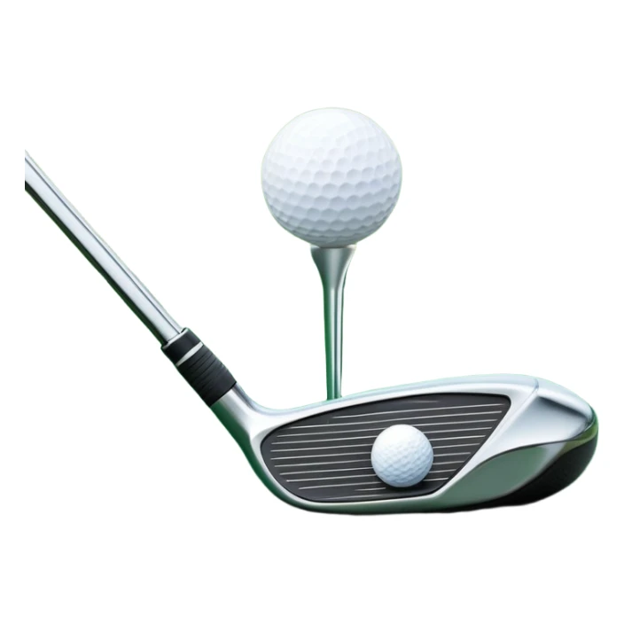 A close-up golf ball on a tee, with a golf club placed beside it, set on a well-manicured green. The background is a peaceful golf course with a clear blue sky, emphasizing the tranquility and skill required for the sport. sticker