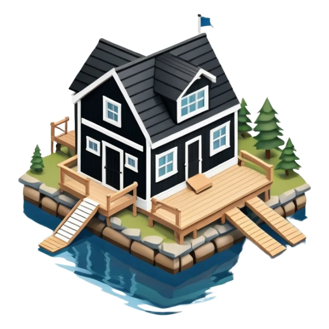 Maine boathouse, isometric dollhouse-style, realistic sticker