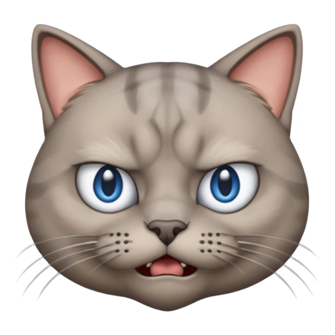 angry grey cat blue small slanted eyes. iphone real emoji style, made the cat look challenging sticker