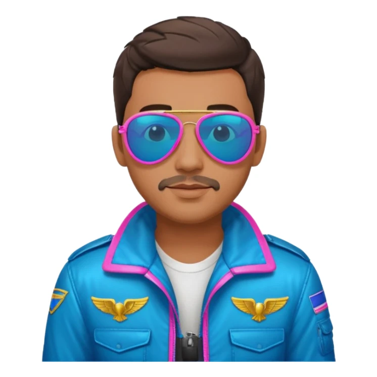 1980s cool man with stubble wearing reflective neon pink and blue aviator sunglasses and a pilot topgun jacket sticker