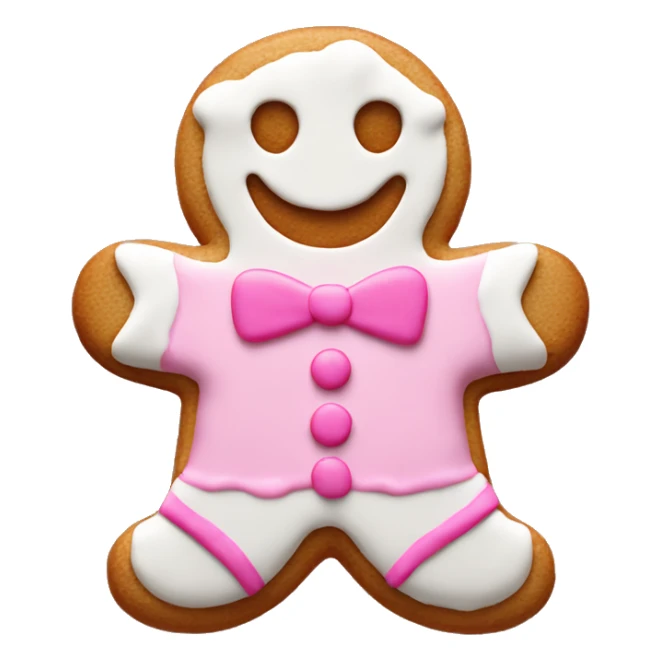 Gingerbread cookie with smiley face and white and pink frosting sticker