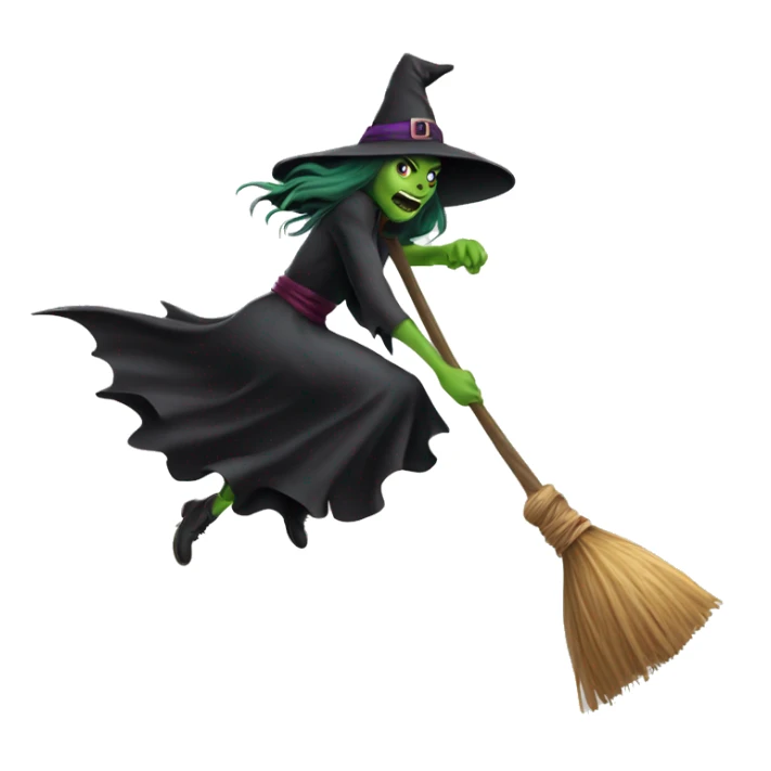 Scarry witch, flying to the left on only one broom. Transparent background sticker