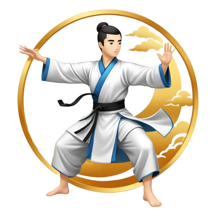 Emblem symbolizing Wushu martial arts. A graceful martial artist performs a dynamic kung fu pose, with flowing movements and a long, elegant robe. The background features stylized clouds and traditional Chinese symbols, representing fluidity, balance, and precision. Transparent background. sticker