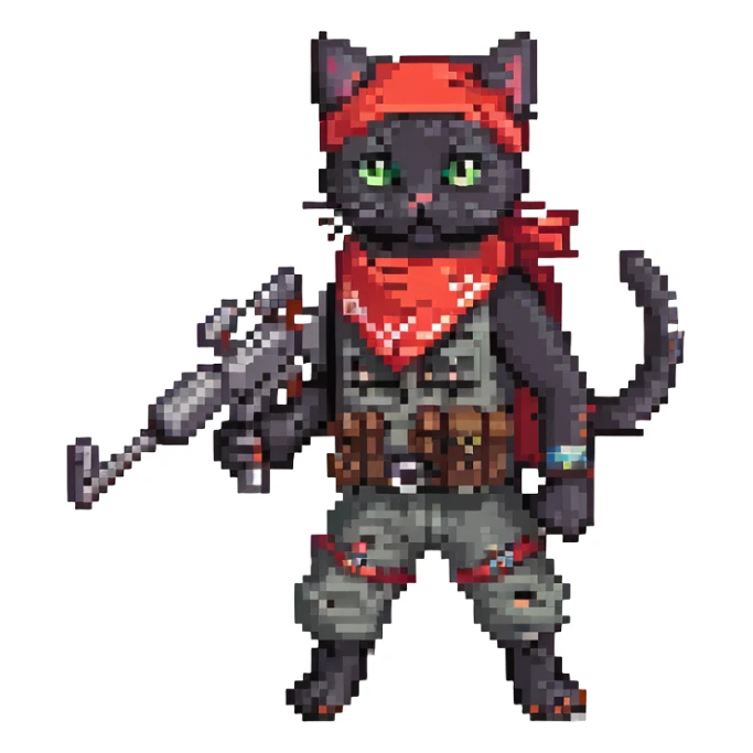 a little black cat with two machineguns and a red bandana, he's just blasting!
 sticker