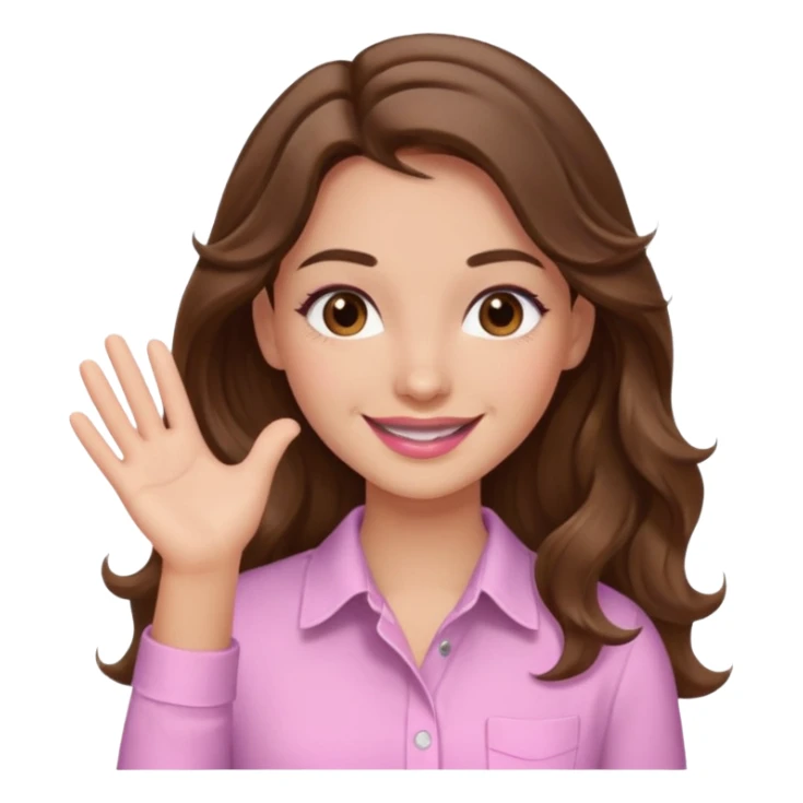 girl with wavy long brown hair, brown eyes, light to medium complexion, long lashes, light pink lipstick, smiling, wearing light pink shirt, slapping sticker