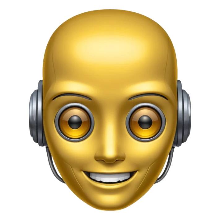 Cyberpunk robot head, yellow tint over gray,  happy sticker