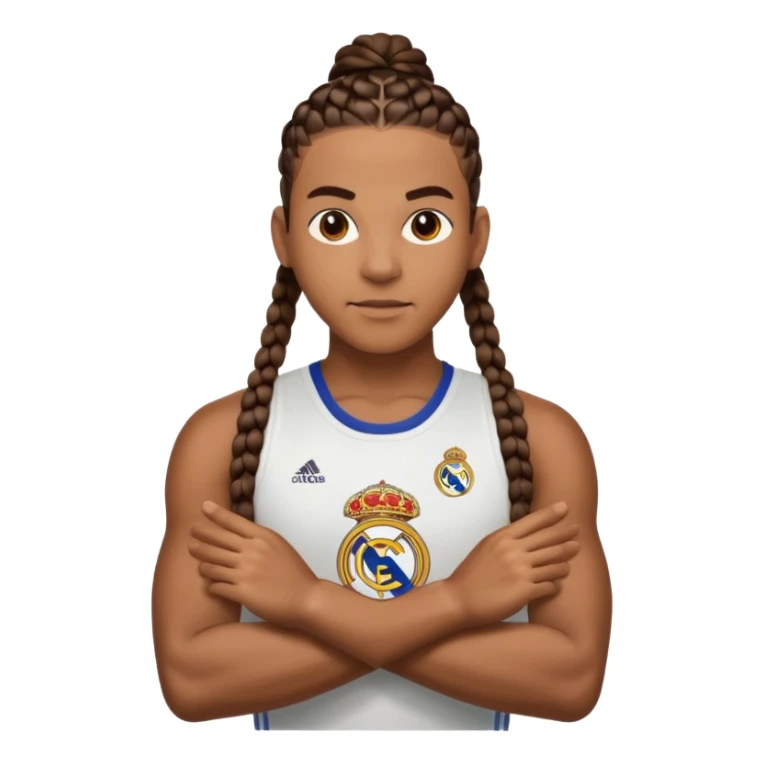 Make raphinha strong with cornrows and buff holding a the real madrid logo in between hid hands sticker