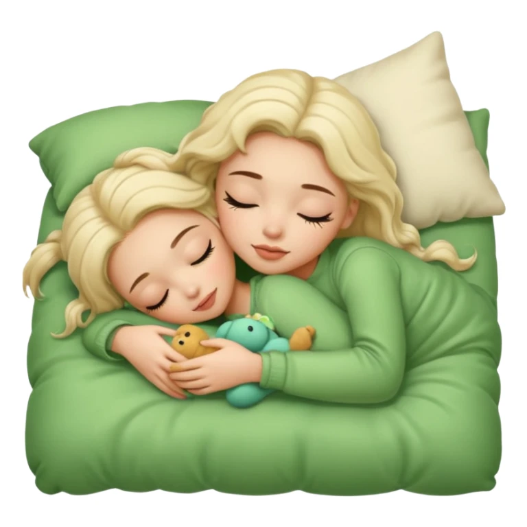 single-girl-in-Warm Cream-cozy-green-bed-sleeping-pretty-eyelashes-light-skin-with toy sticker