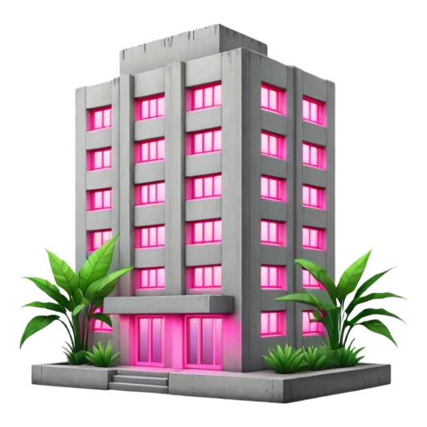 Soviet-style concrete panel apartment building block with neon pink light glowing from one window for indoor plants sticker