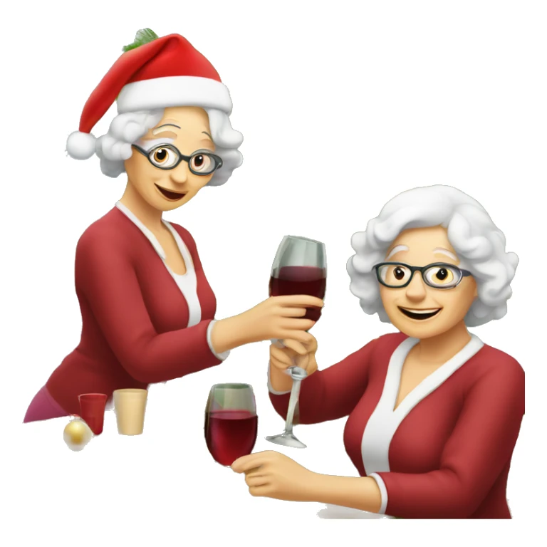 2 older ladies putting ornaments on a Christmas tree and drinking wine sticker