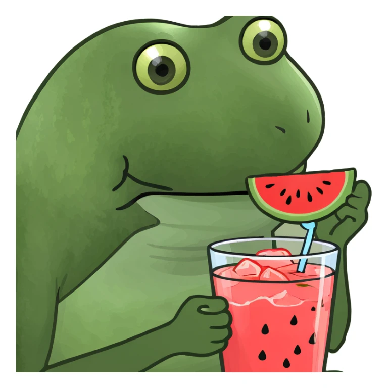Watermelon juice with ice and a lemon piece on the cup sticker