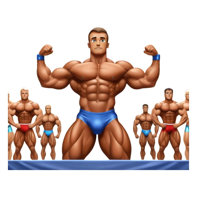 Bodybuilder on stage at a competition, covered in oil, flexing to showcase defined muscles under bright lights. The background shows a professional bodybuilding stage with judges and an audience in soft focus, highlighting the intense focus and discipline of the sport. Transparent background. sticker