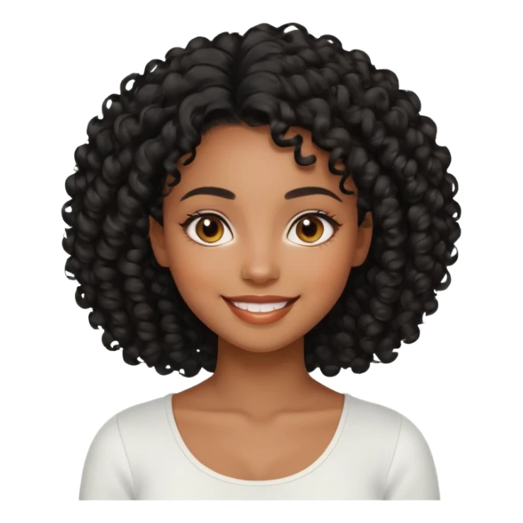 a young woman.She has voluminous, curly black hair that frames her face beautifully. Her skin tone is black light and glowing, and she has a subtle, natural makeup look. She’s smiling softly at the camera. She is wearing a white top sticker