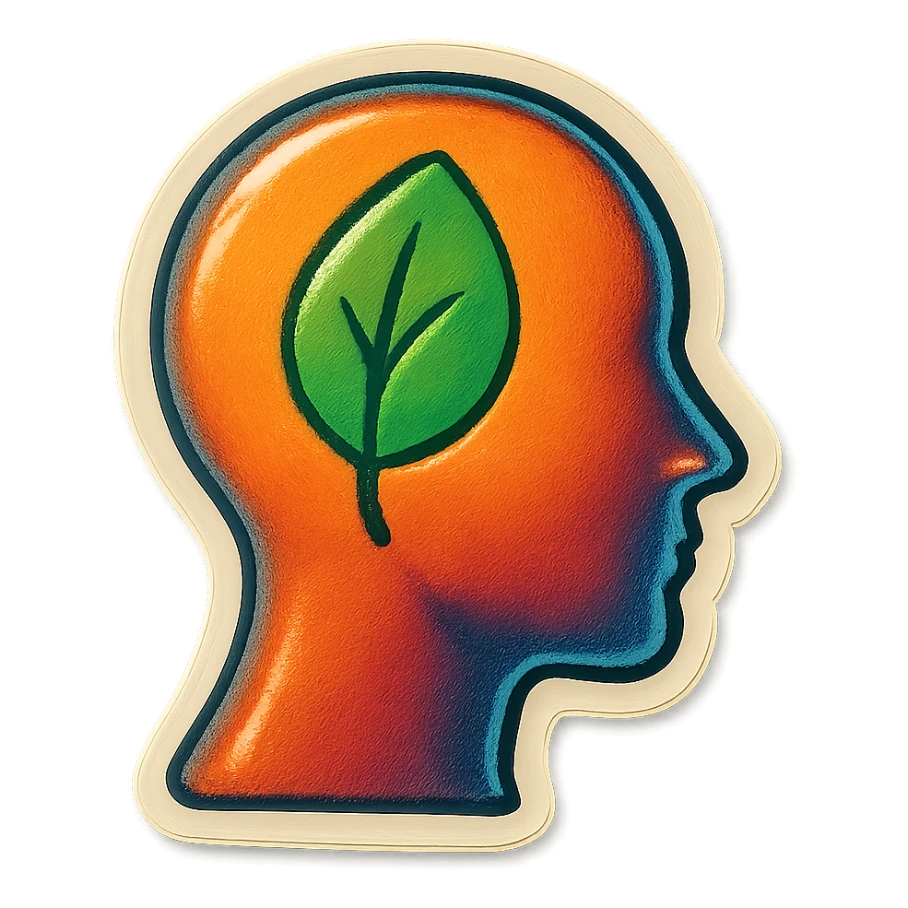 human silhouette or body with a leaf symbolizing mental health placed on the face, retro stickers style, clear outlines, strong shadows and highlights, fun and not too complex, psychosomatics and psychology theme sticker