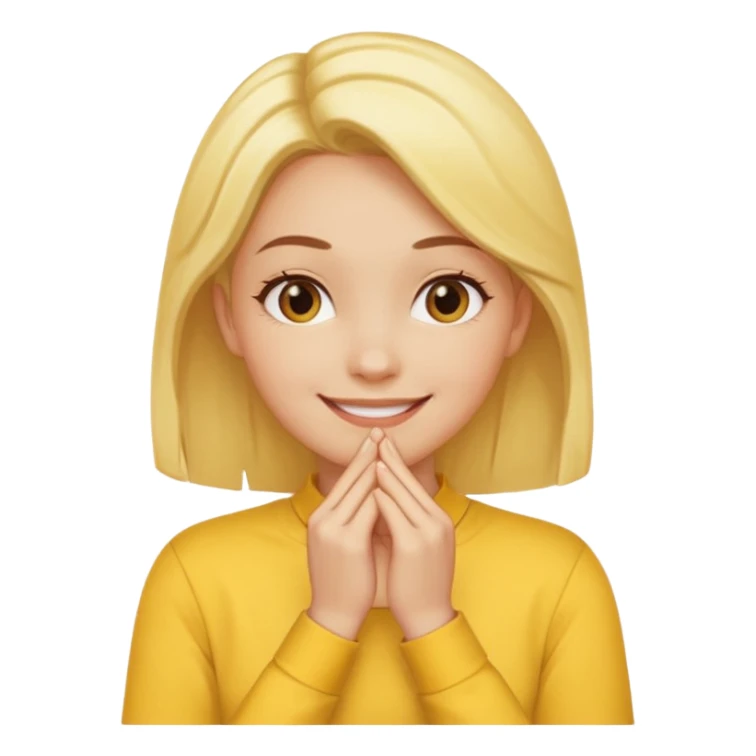 yellow smiling face girl with both hands under chin fingers touching sticker