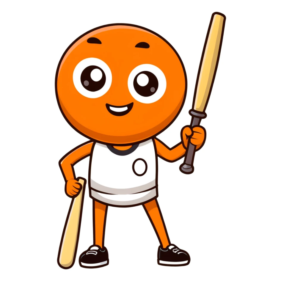 This image shows a cartoonish, anthropomorphic orange character shaped like a rounded rectangle. The character has large, expressive eyes, thick black eyebrows, and a wide, cheerful smile with visible teeth. It has two thin arms and legs, and it’s holding a small baseball bat in its right hand.  sticker