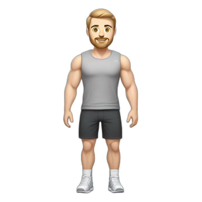 Full height Pale skinned muscular man With Realistic eyes and mouth, light brown hair and stubble In dark gray sleeveless mike, black oversize sports shorts, watch and white sneakers. sticker