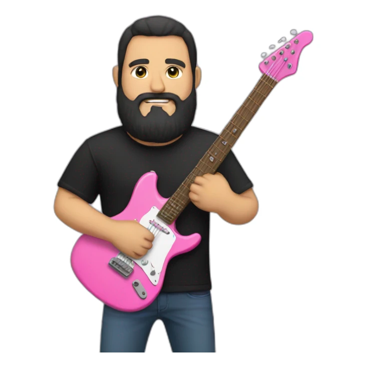 white man with dark beard and black t shirt and pink electric guitar sticker