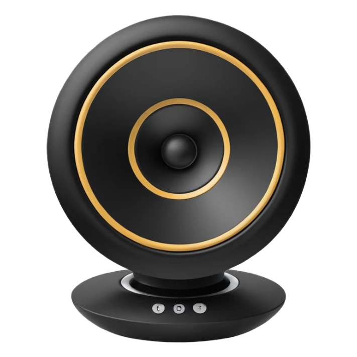 Single simple black desktop speaker, one round white cone with black center, boxy shape, clean white background, product photo. sticker