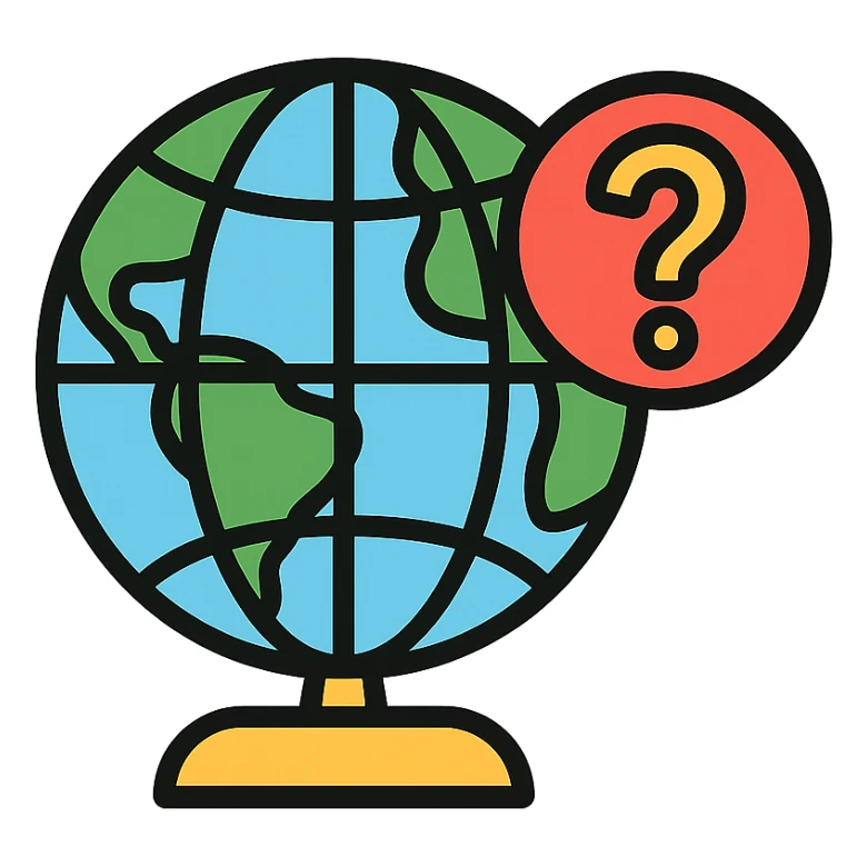 colorful icon of a globe with a question mark, playful style sticker