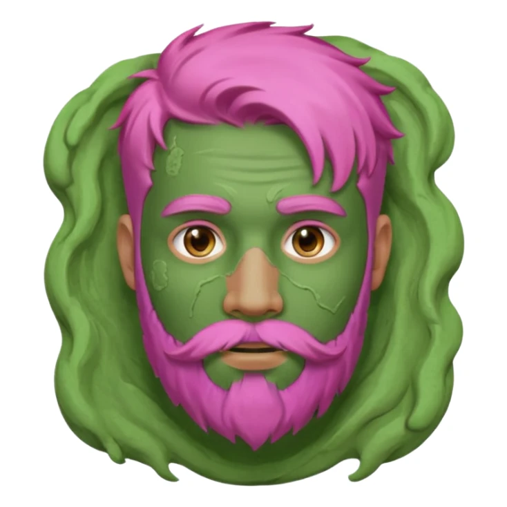 pink haired man with full full face dirty messy green clay mask and beard sticker