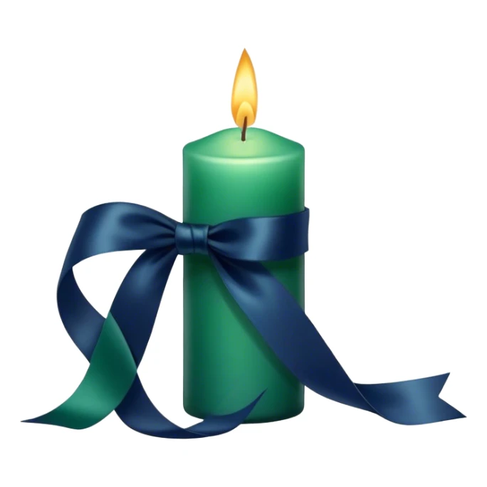 A charmingly arranged composition of a glass candle in a rich emerald shade, placed next to a carefully folded navy blue ribbon. sticker