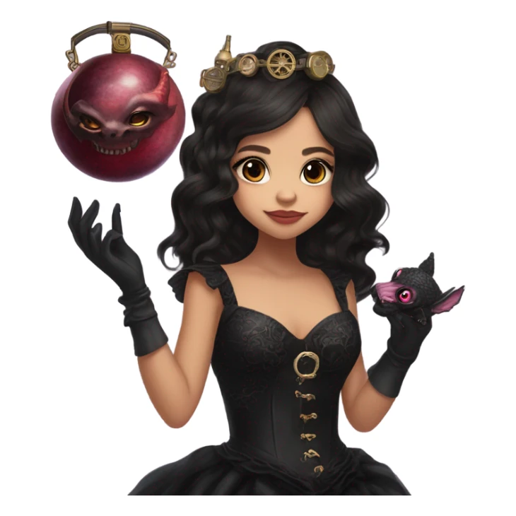 healthy standing flirty Lavish black evening gown with see-through gloves, Jenna Ortega as Addams woman wearing a steampunk mini tiara, very large blood moon pink evil-looking horned old dragon purse sticker