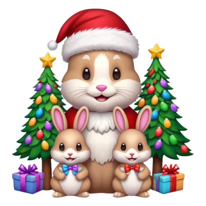 Smiling multi-colored Bunny friends with Santa hats sitting by brightly lit colorful Christmas trees and candy canes 🎁  sticker