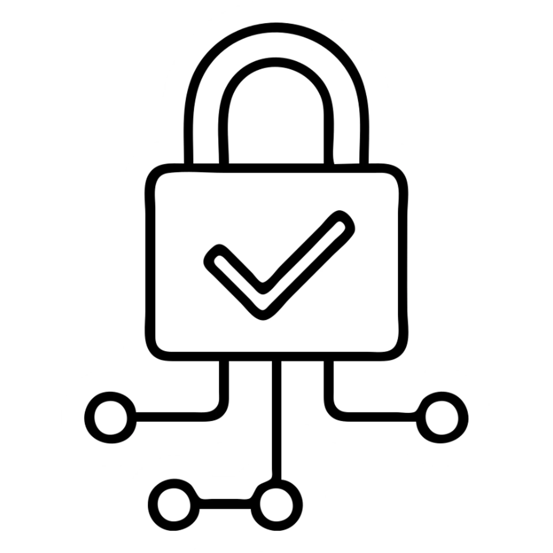 padlock with a checkmark and digital network nodes, clean lines, professional, for an information security expert sticker